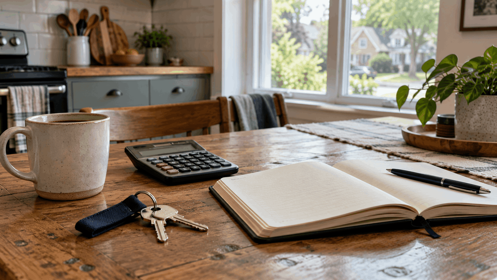 House keys, calculator and notebook on a kitchen table for planning a home purchase