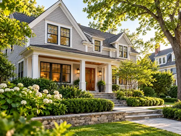 Elegant New England-style home in Greater Boston with landscaped yard and mature trees.