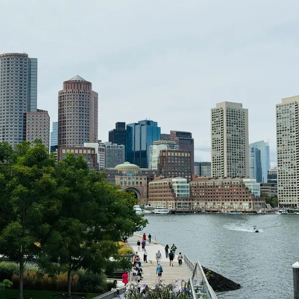 Boston waterfront skyline and harbor viewed from the waterfront