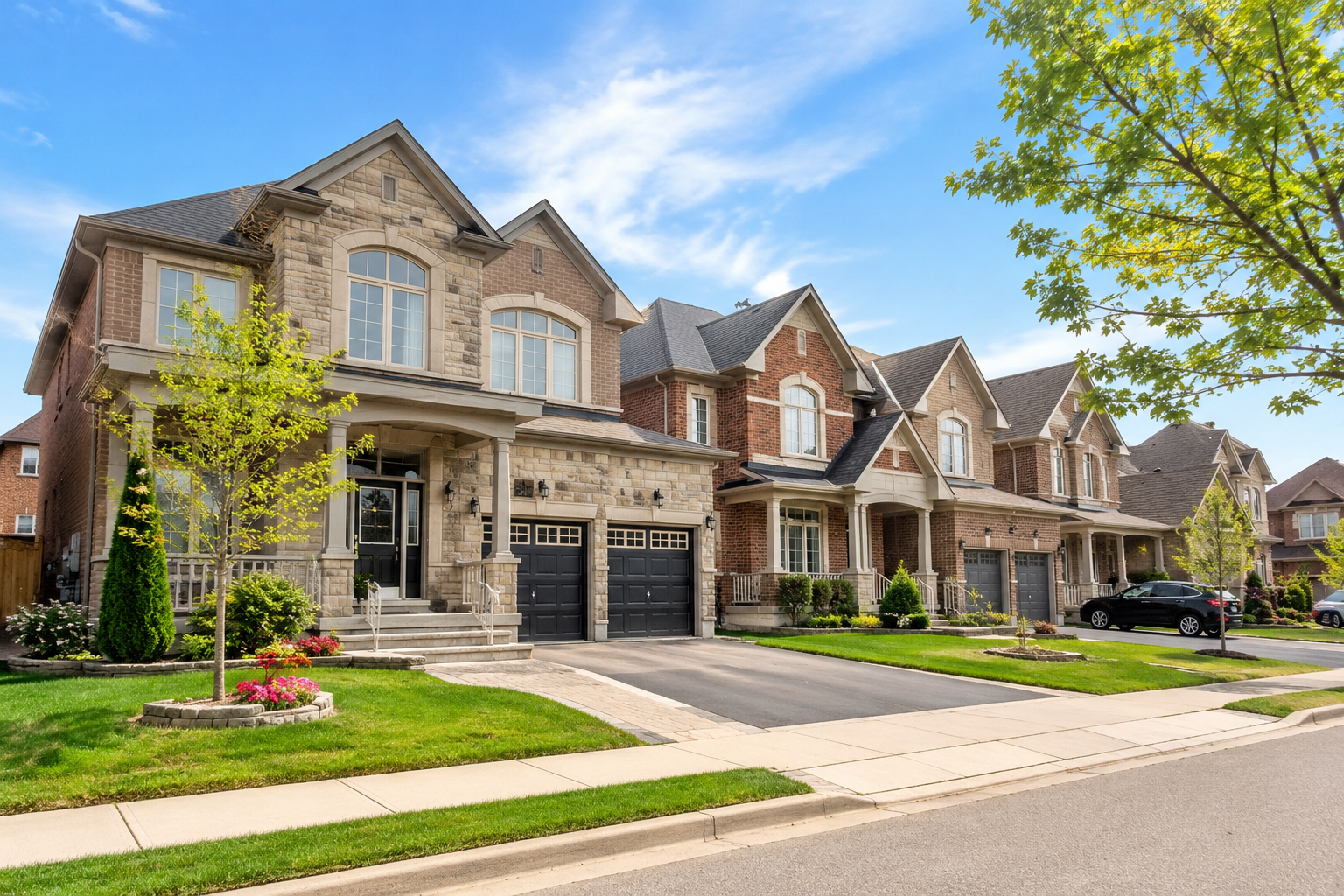 Traditional two-storey detached family homes with double garages, similar to established homes in Mississauga and Oakville
