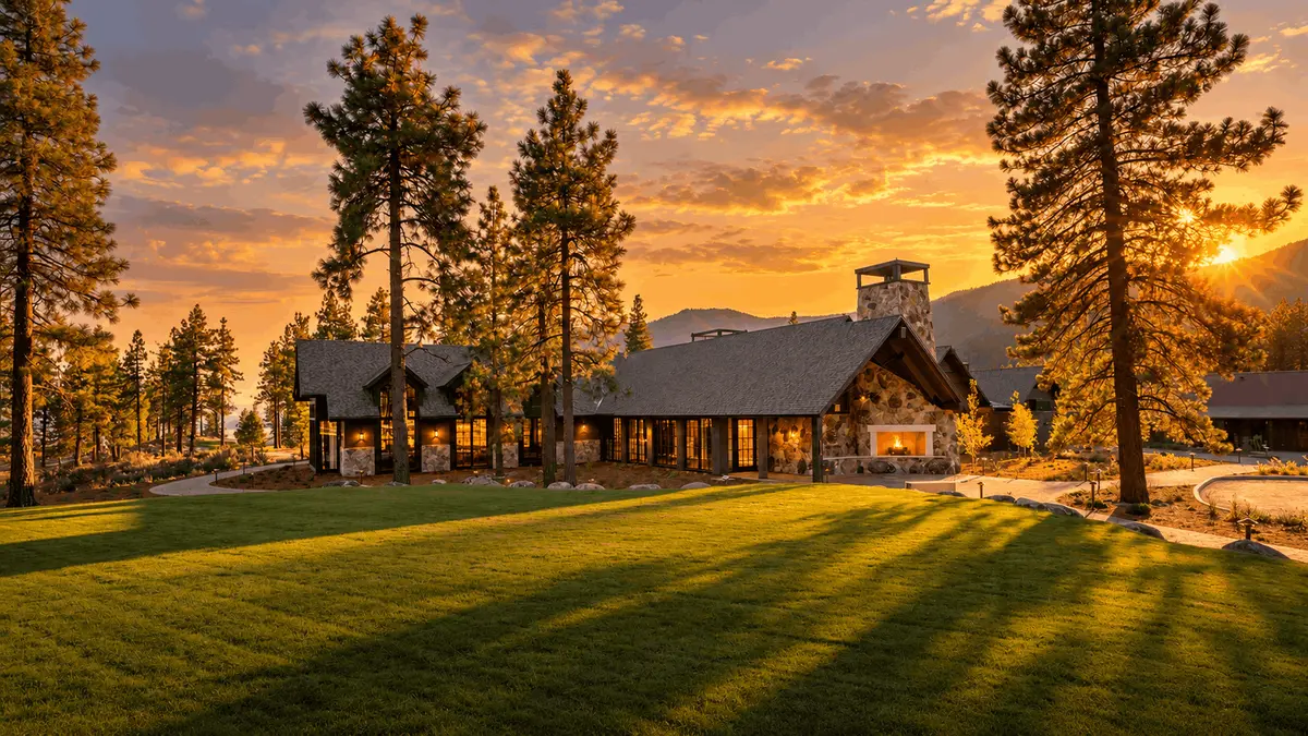 Clear Creek Tahoe clubhouse at sunset among the pines, Carson City NV