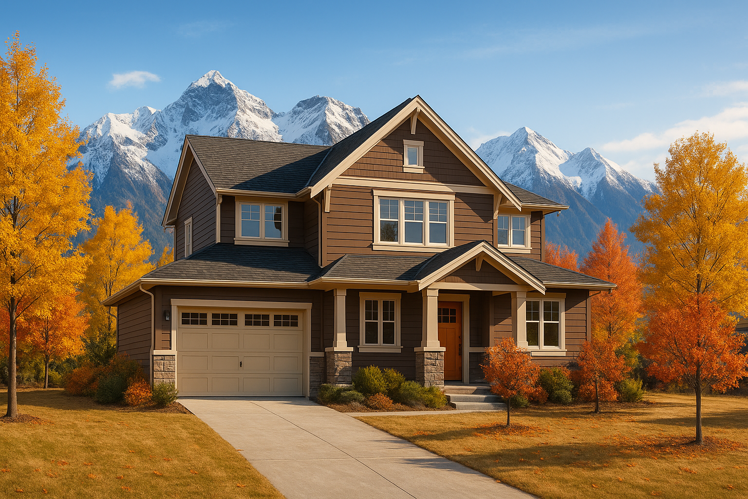 A custom Calgary home surrounded by autumn trees with red, orange, and yellow leaves, set against snow-capped Rocky Mountains under a clear blue sky.