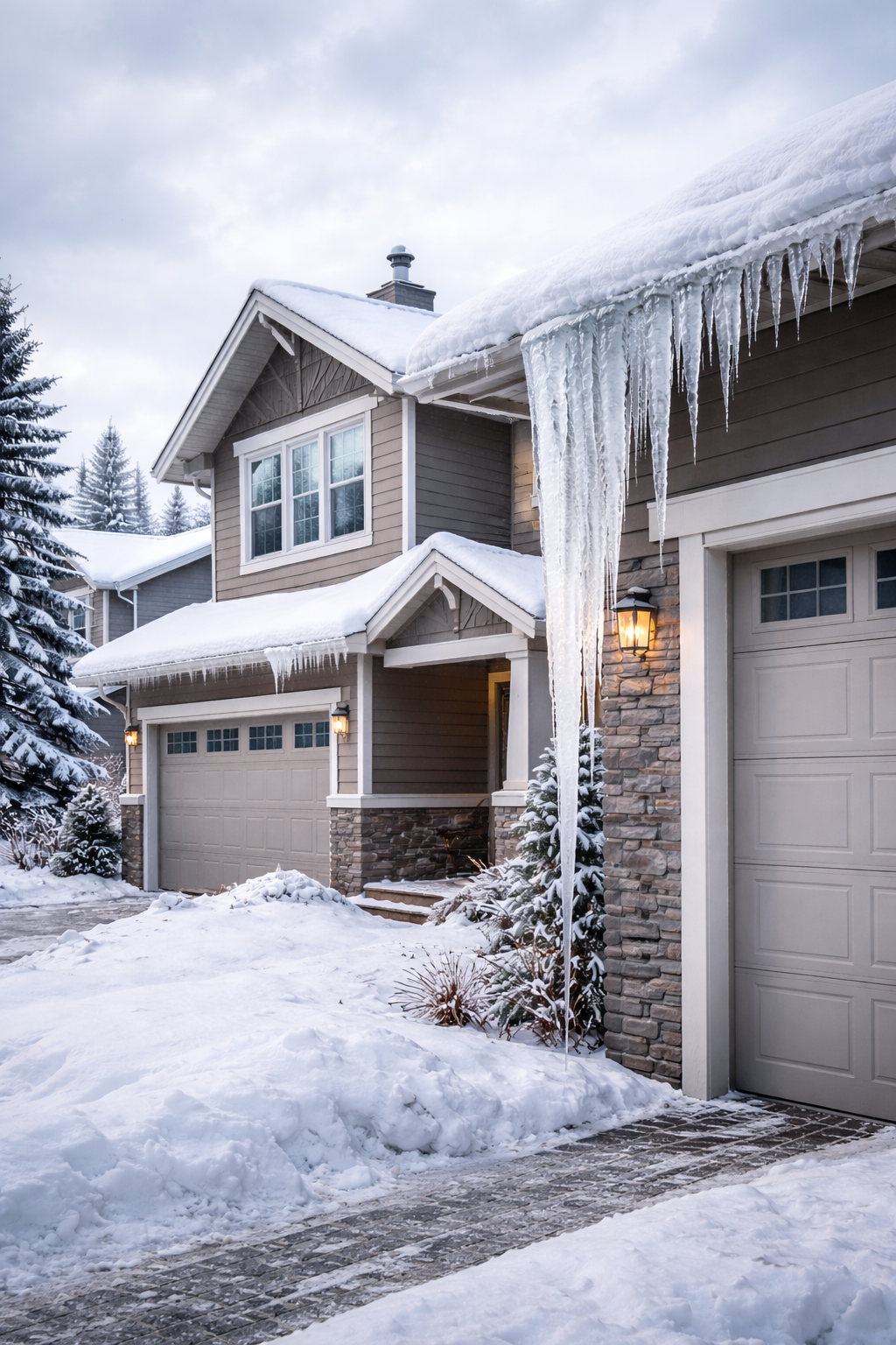 Snow-covered suburban house in Calgary with large icicles hanging from the roof during winter