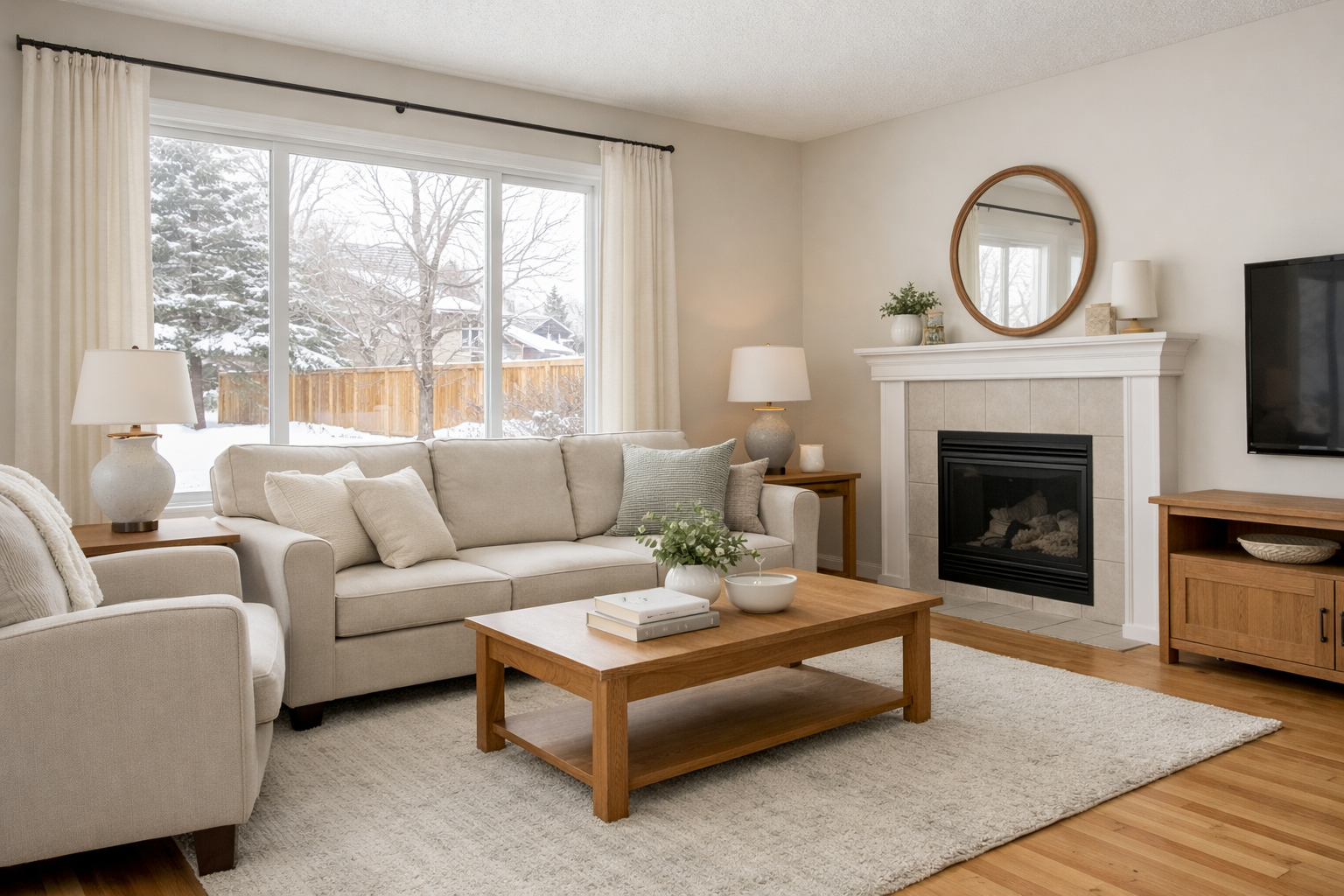 Clean neutral Calgary living room with natural winter light, beige sofa and armchairs, hardwood floors, simple decor, and snow visible outside the large window, creating a calm move-in ready feel.