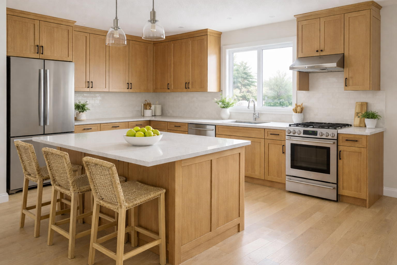 Bright kitchen with full natural wood cabinetry, light quartz countertops, stainless steel appliances, and soft natural daylight, creating a clean, warm, and move-in ready feel without clutter or heavy decor.
