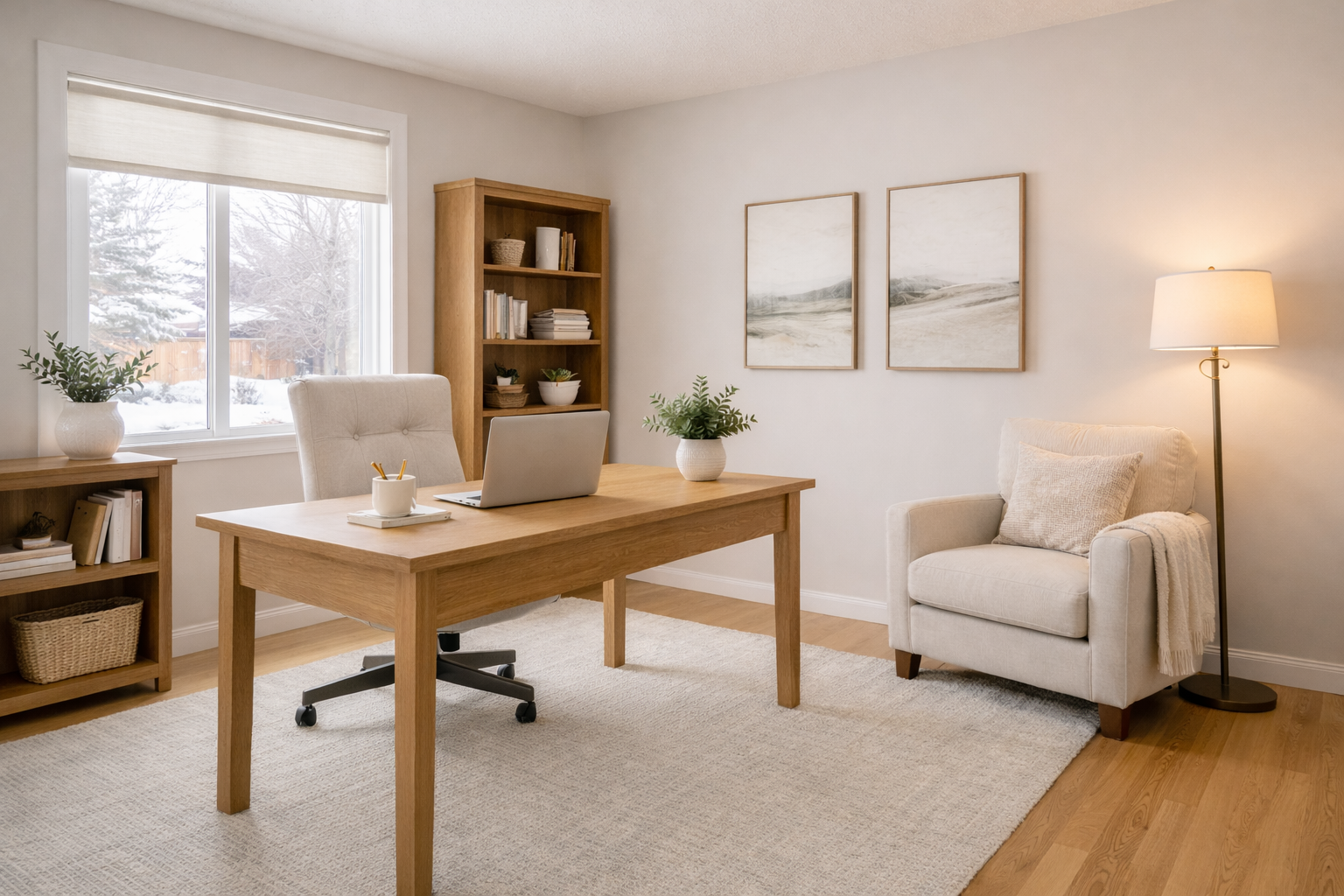 Neutral executive-style home office with light wood desk, laptop, clean bookshelves, lounge chair with floor lamp, and soft winter light through a window with a simple fabric shade, creating a calm and uncluttered workspace.