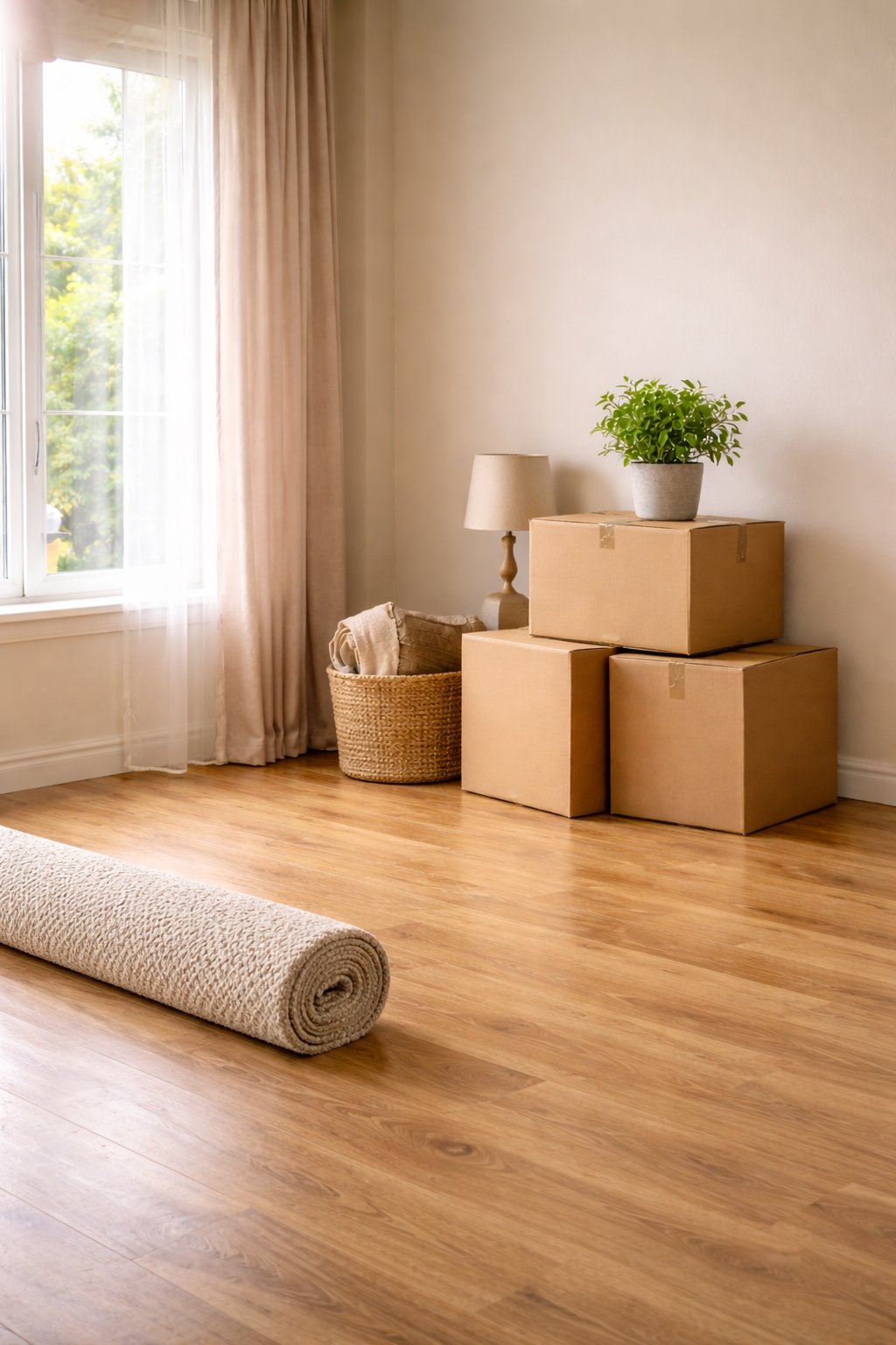 Bright, empty living room with a rolled rug and neatly stacked boxes, representing a calm and successful home closing.