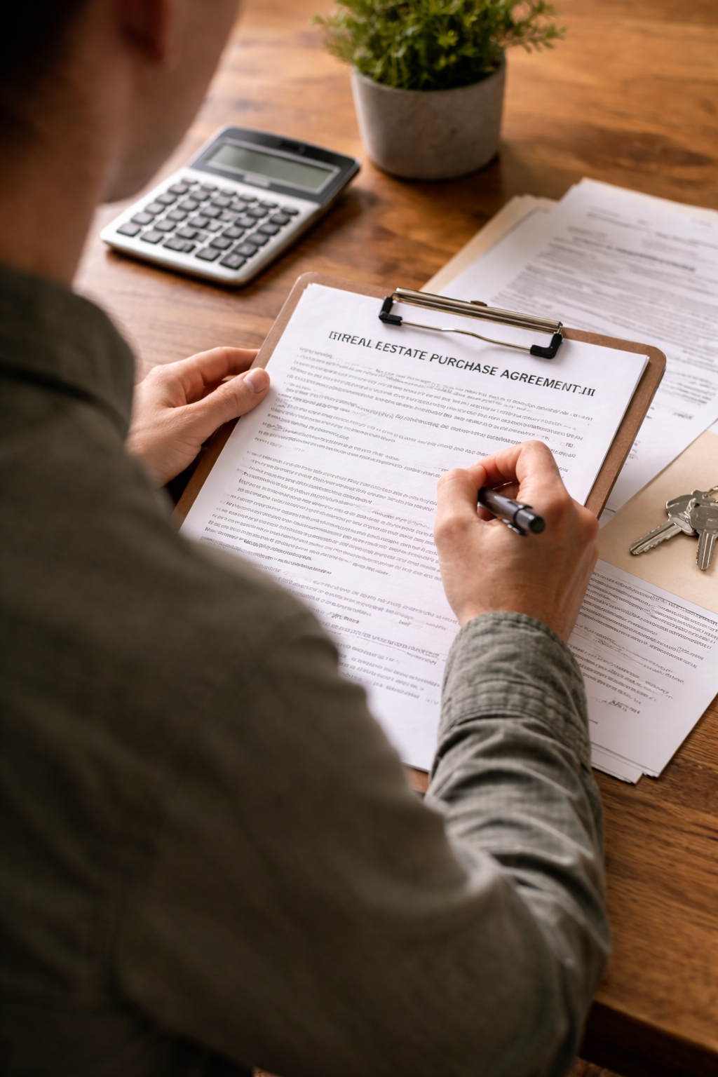 Over-the-shoulder view of someone reviewing and signing a real estate purchase agreement, representing due diligence during the condition period.