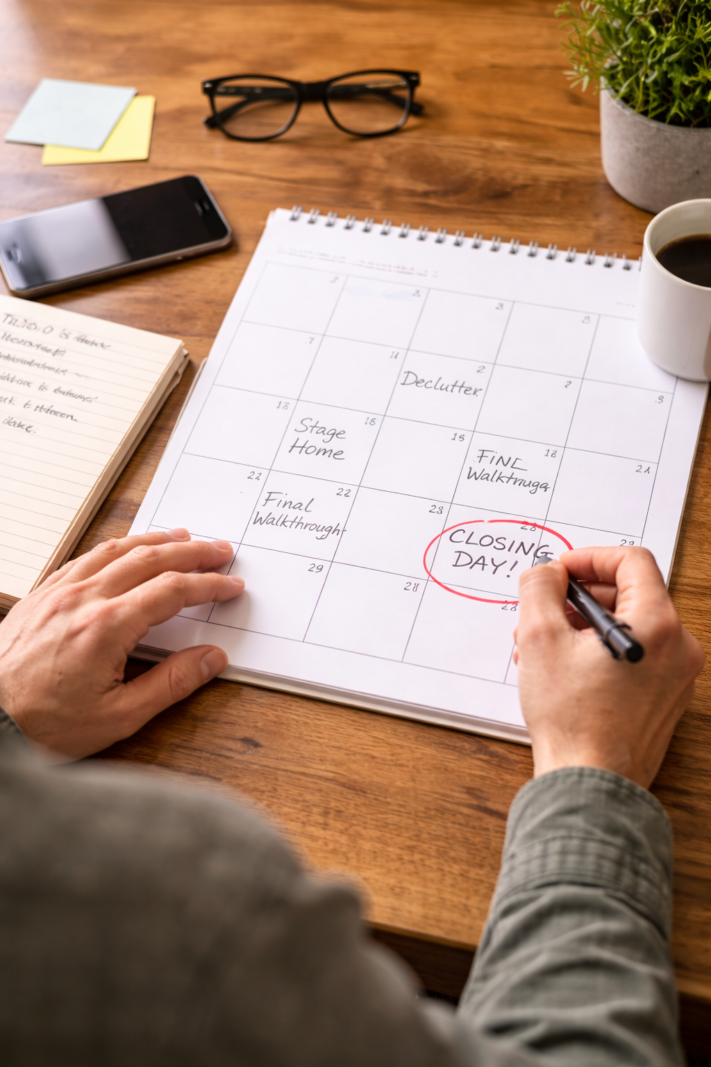 Calendar on a desk with key dates marked, illustrating planning backwards from a real estate closing date.