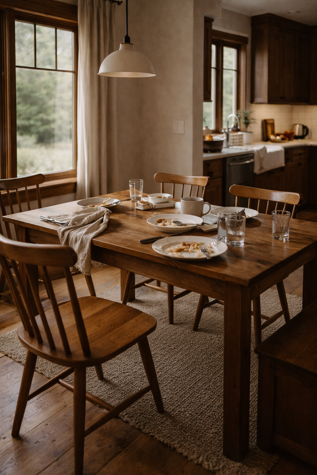 Wooden kitchen nook table after a meal, with used dishes and glasses, warm natural light, and a traditional, lived-in home setting with no people present.