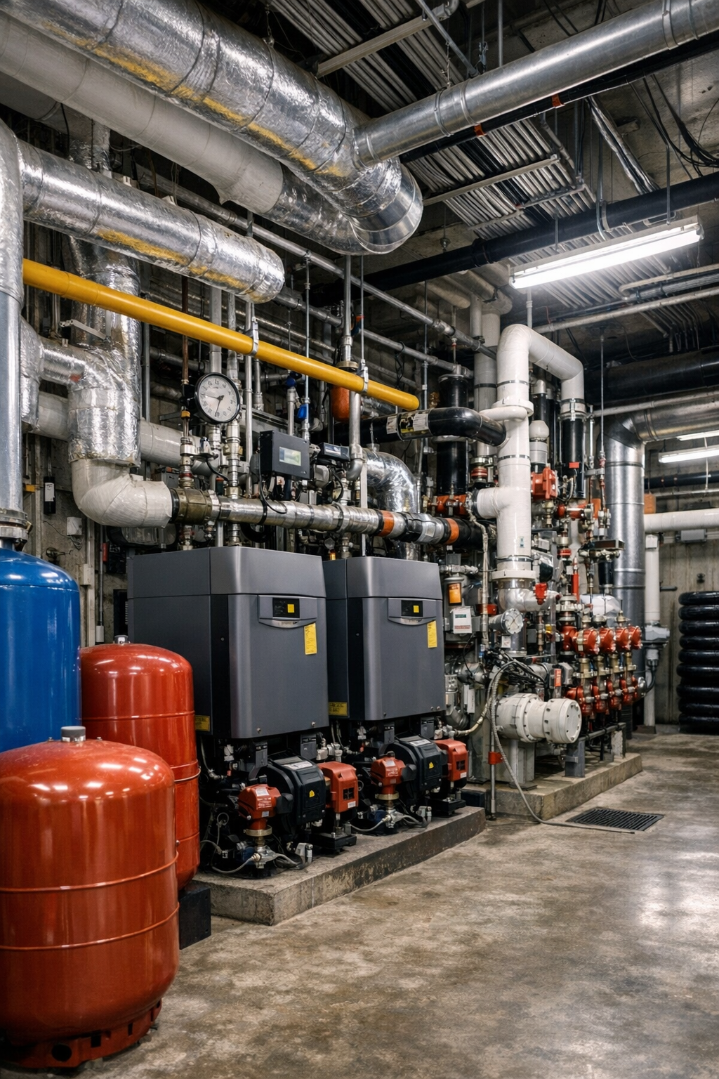 Mechanical room inside a large Calgary condominium building showing boilers, pipes, valves, and building infrastructure systems