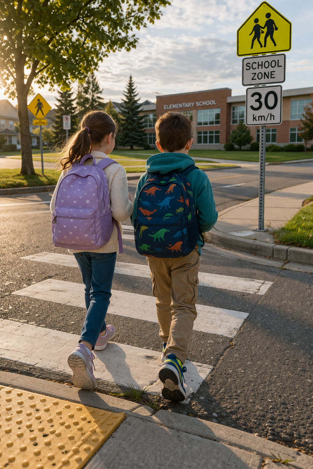 Children walking to school at a crosswalk in a Calgary residential neighbourhood, highlighting school access and walkability