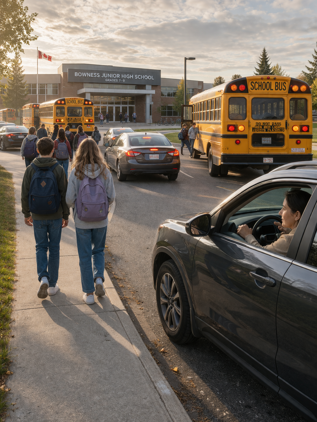 Junior high students arriving at school with buses and parent drop-off in a Calgary-style neighbourhood, showing real-life school access and transportation