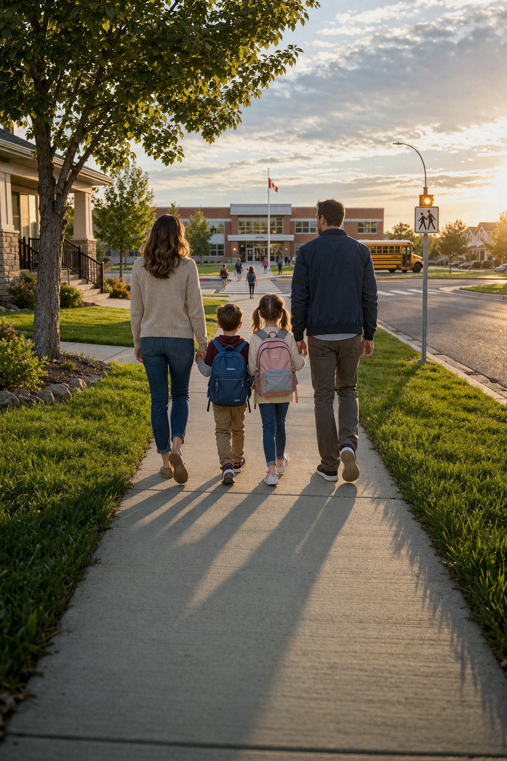 Family walking kids to school in a Calgary residential neighbourhood, illustrating daily school access and walkability