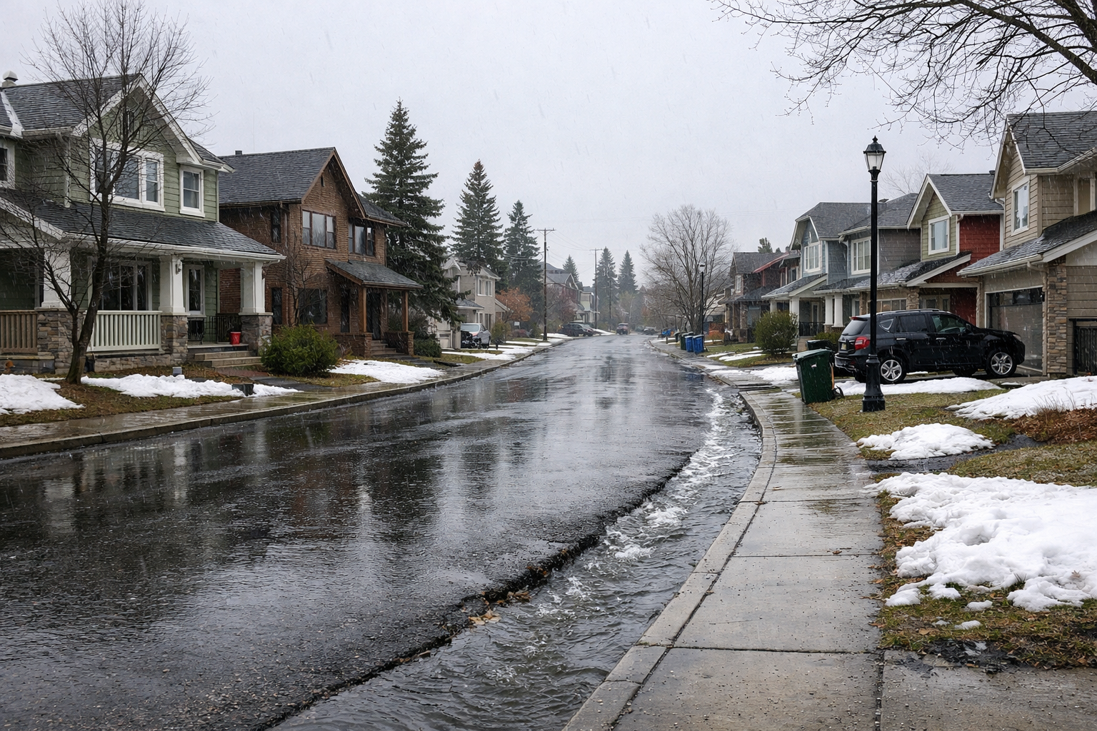 Calgary residential street in early spring with wet roads, melting snow, and overcast sky