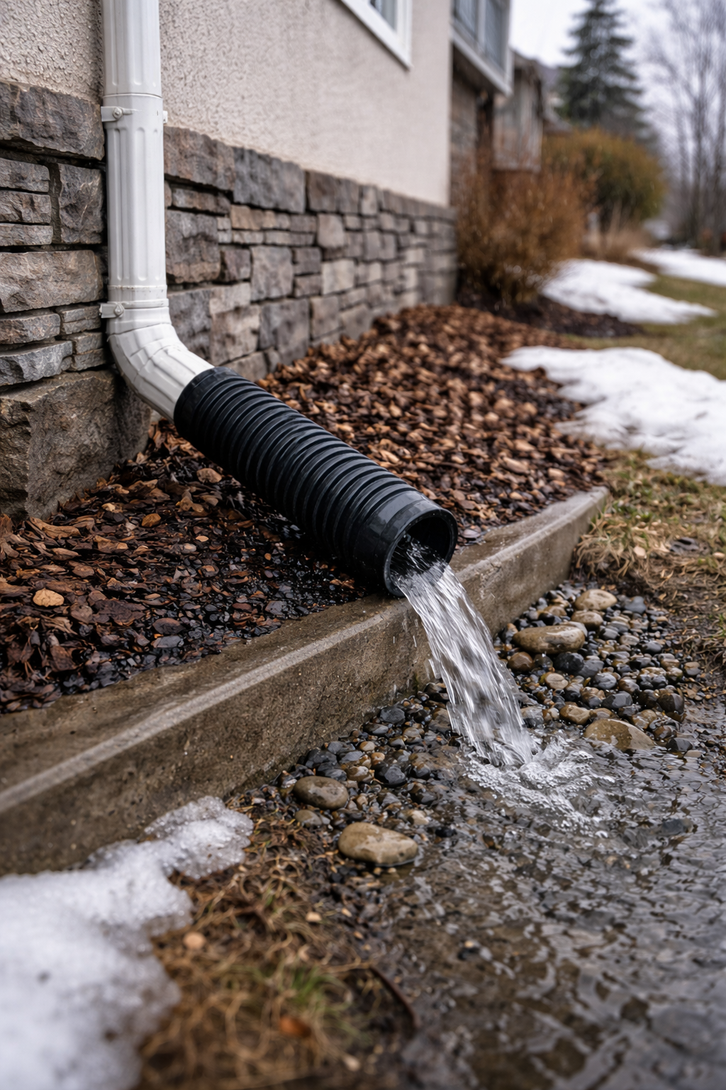 Downspout directing water away from a home's foundation with proper grading