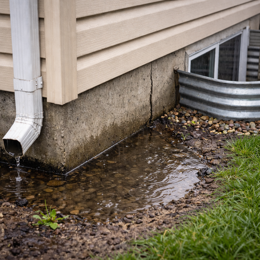 Water pooling beside a home's foundation during light rain, with a short downspout and a small vertical crack near a window well in a Calgary-style house
