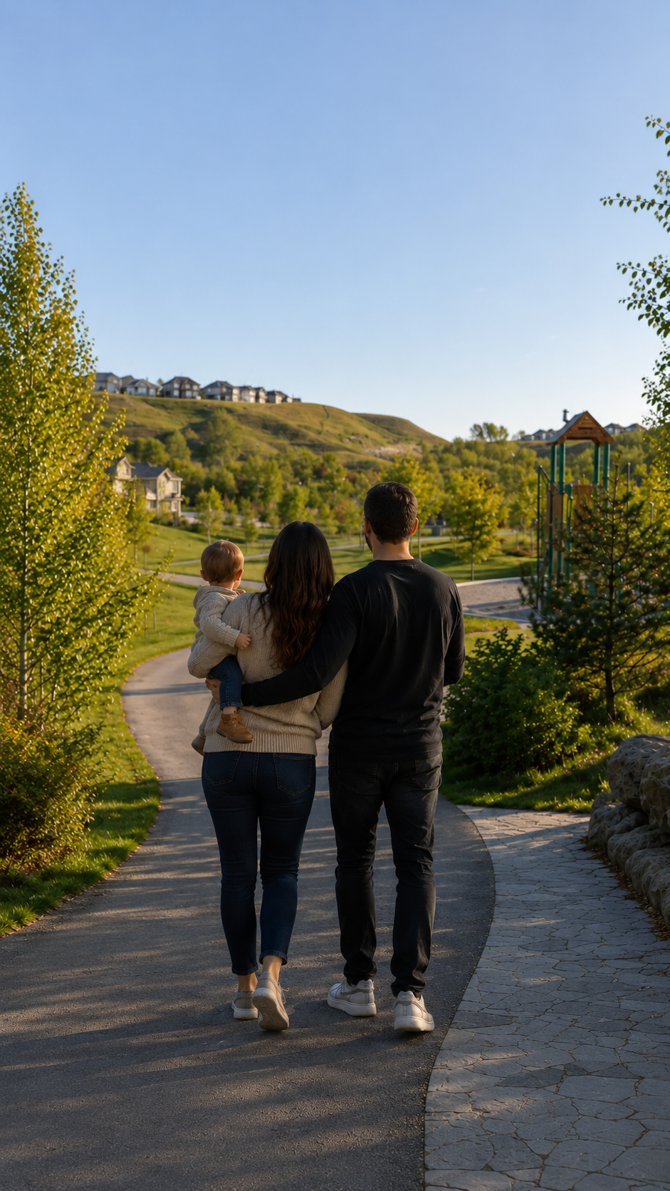 A family walks along a pathway through a Calgary community park, surrounded by trees, green space, and nearby homes on a warm evening.