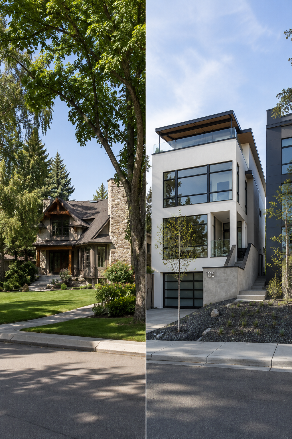 Comparison of a mature Calgary neighbourhood with large trees and spacious lots beside a newer community featuring contemporary homes and more compact development.