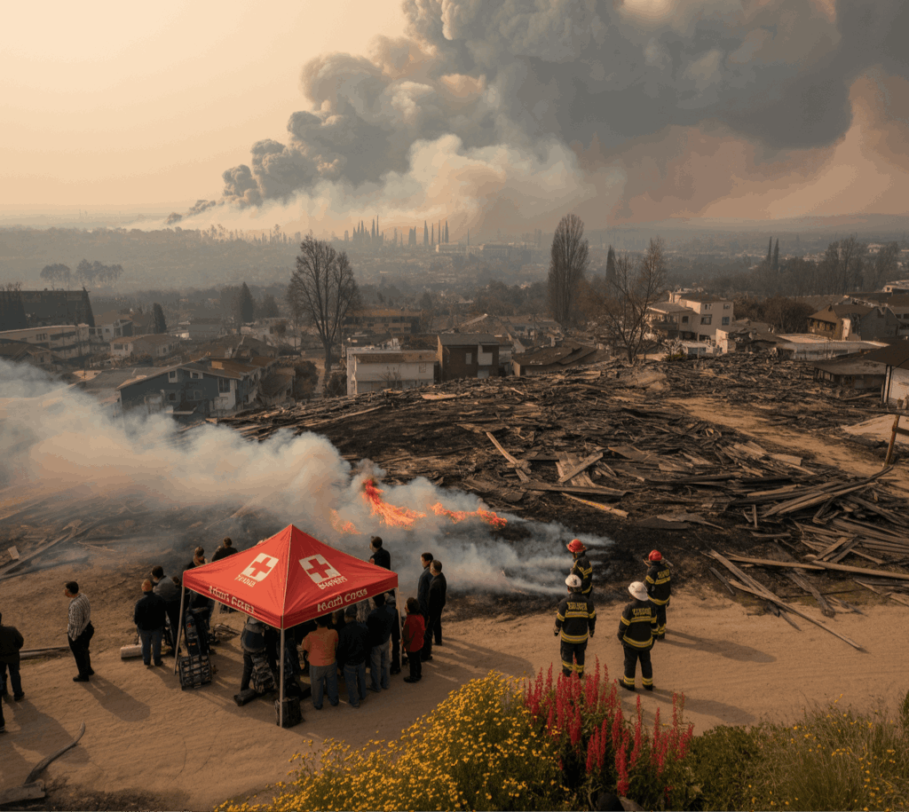 Aerial view of wildfire-affected Los Angeles neighborhood with damaged homes and smoke
