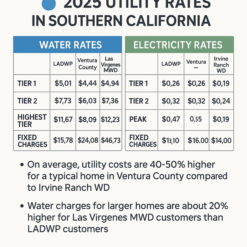 Infographic comparing 2025 water and electricity utility rates in Southern California