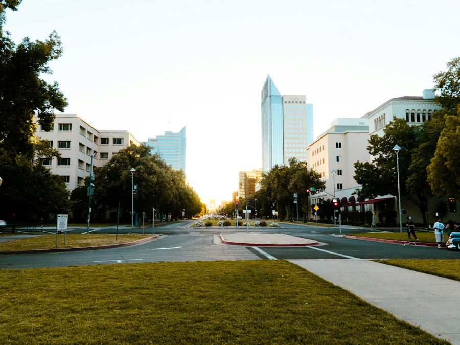A tree-lined street leading into downtown Sacramento at sunset