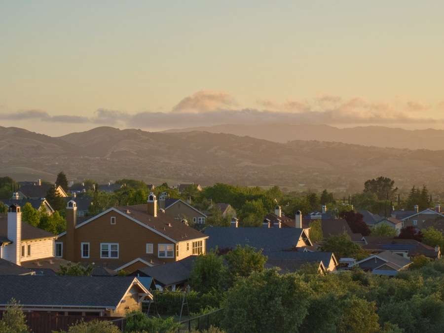 Foothill homes and hills at golden hour in Rocklin, California