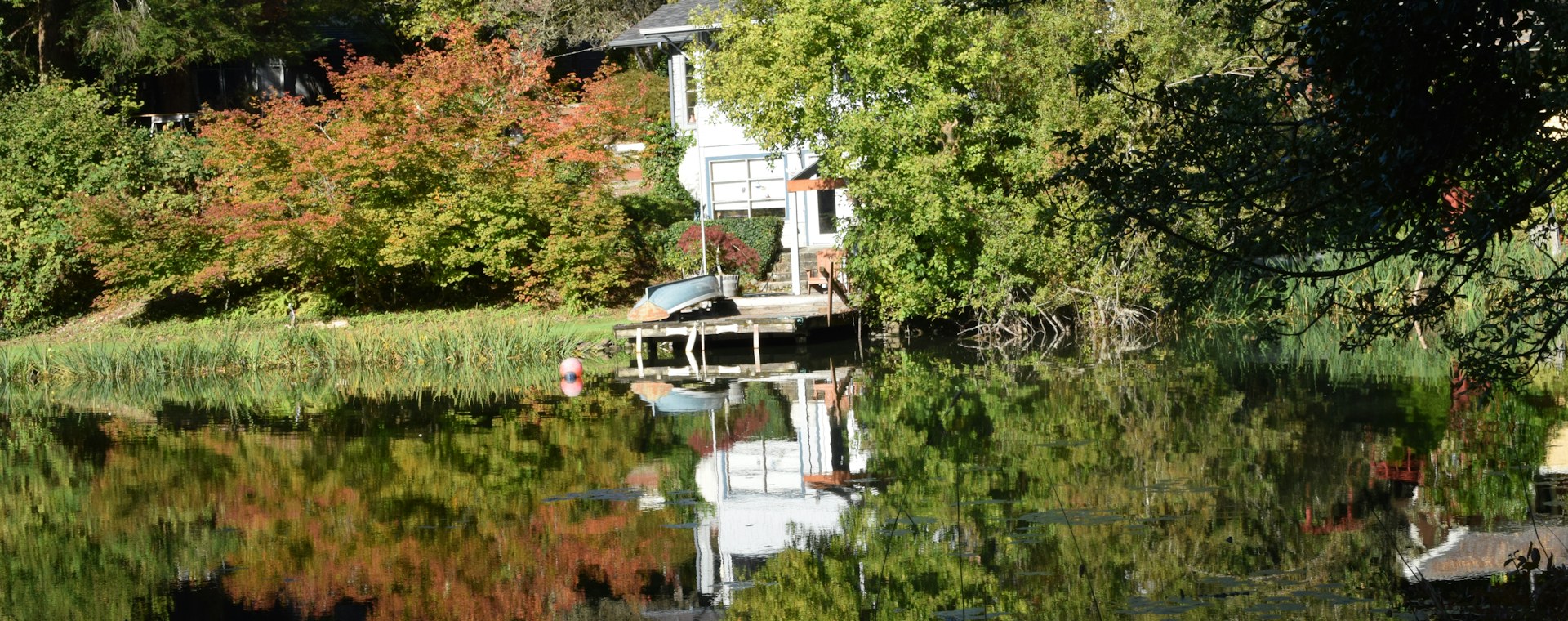 A house reflected in calm water surrounded by trees