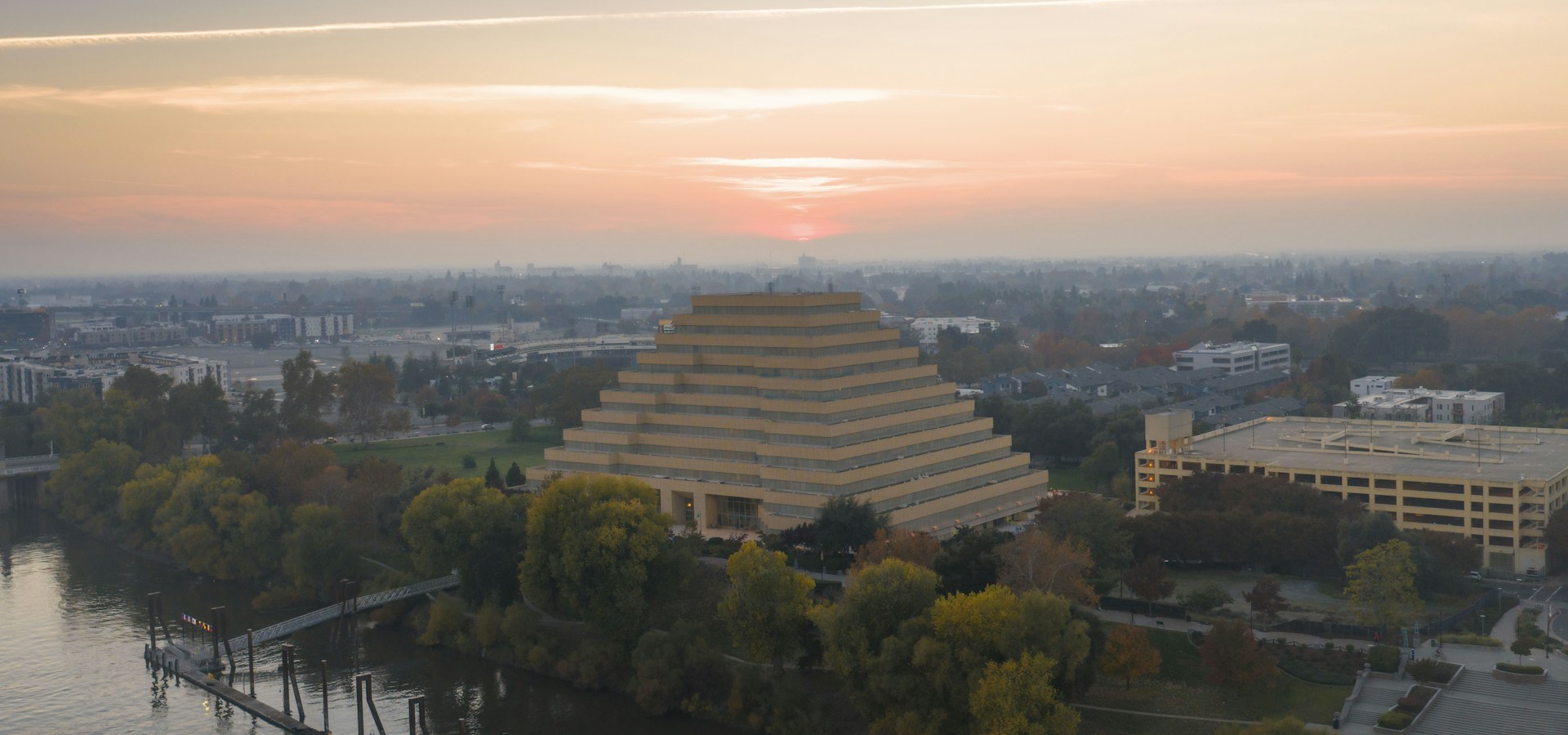The Sacramento riverfront skyline at sunset