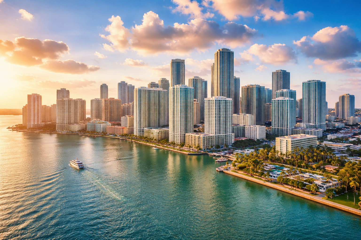 High-resolution aerial view of the Miami skyline at sunset, featuring modern high-rise buildings along Biscayne Bay with a yacht moving through the water and vibrant golden clouds in the sky.