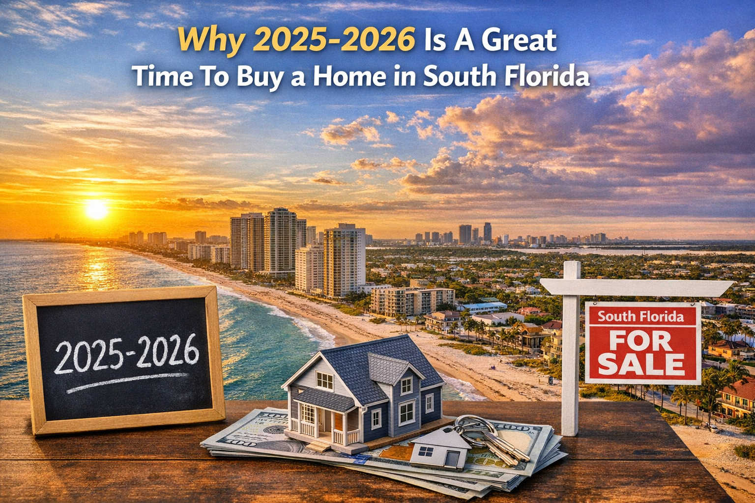 Sunset aerial view of South Florida coastline with beachfront high-rises, a “For Sale” sign, a model house, keys, and a chalkboard reading “2025–2026,” representing the South Florida real estate market and homebuying opportunities.