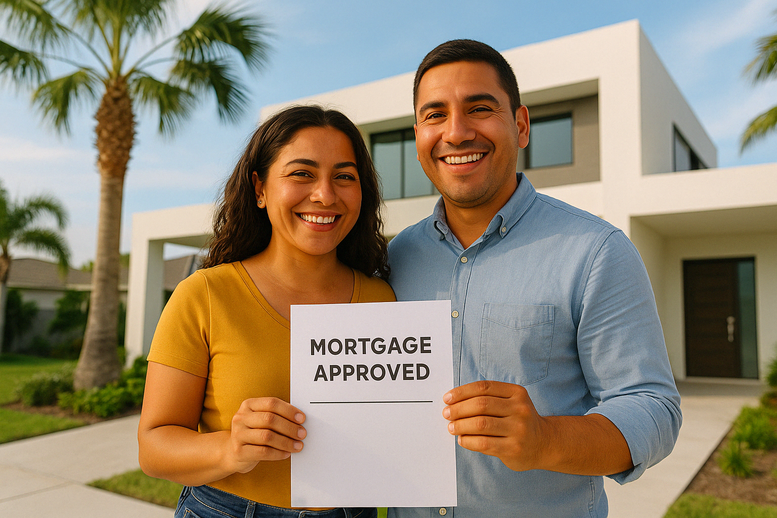 Homebuyers standing outside a modern Miami home, learning how much income is needed to qualify for a mortgage in 2025