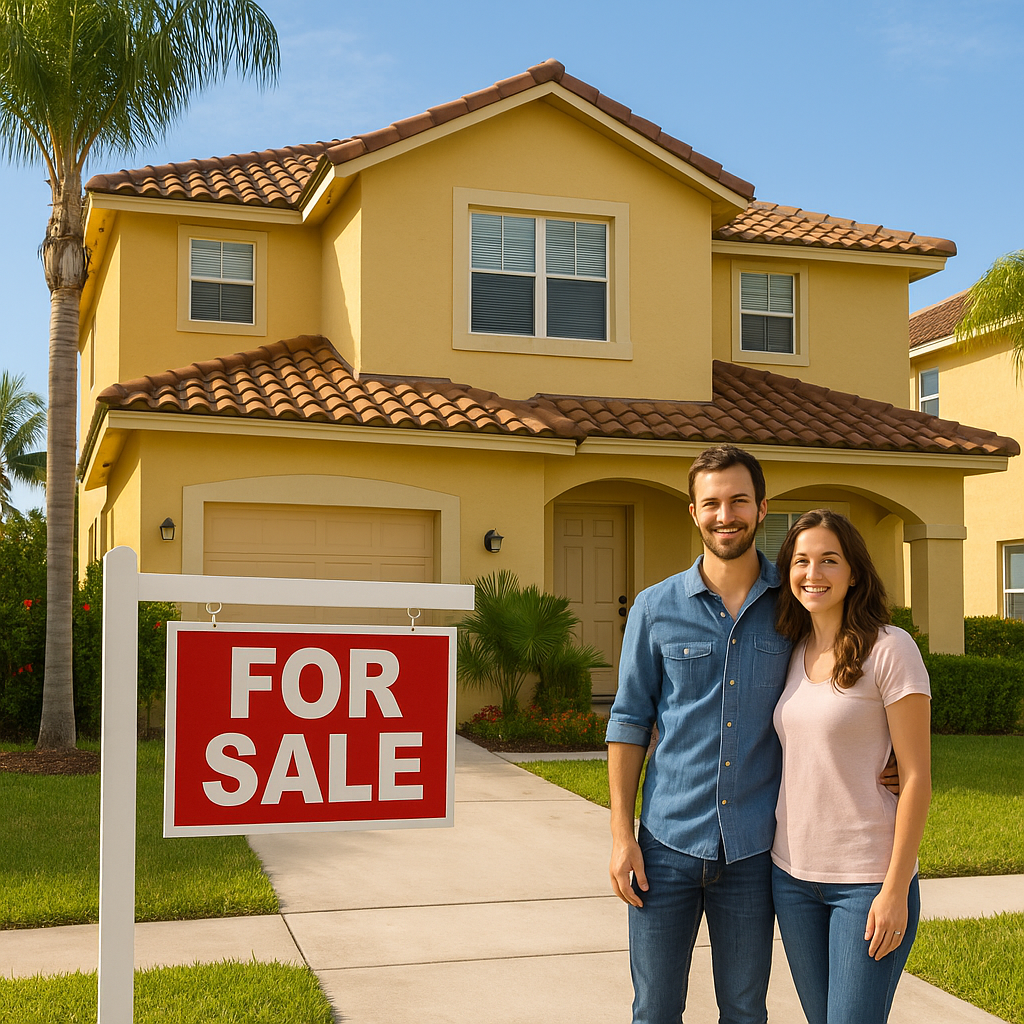 A smiling couple stands in front of a two-story yellow stucco home with a red tile roof and a "For Sale" sign in Miami, symbolizing first-time homebuyers entering the Miami real estate market.