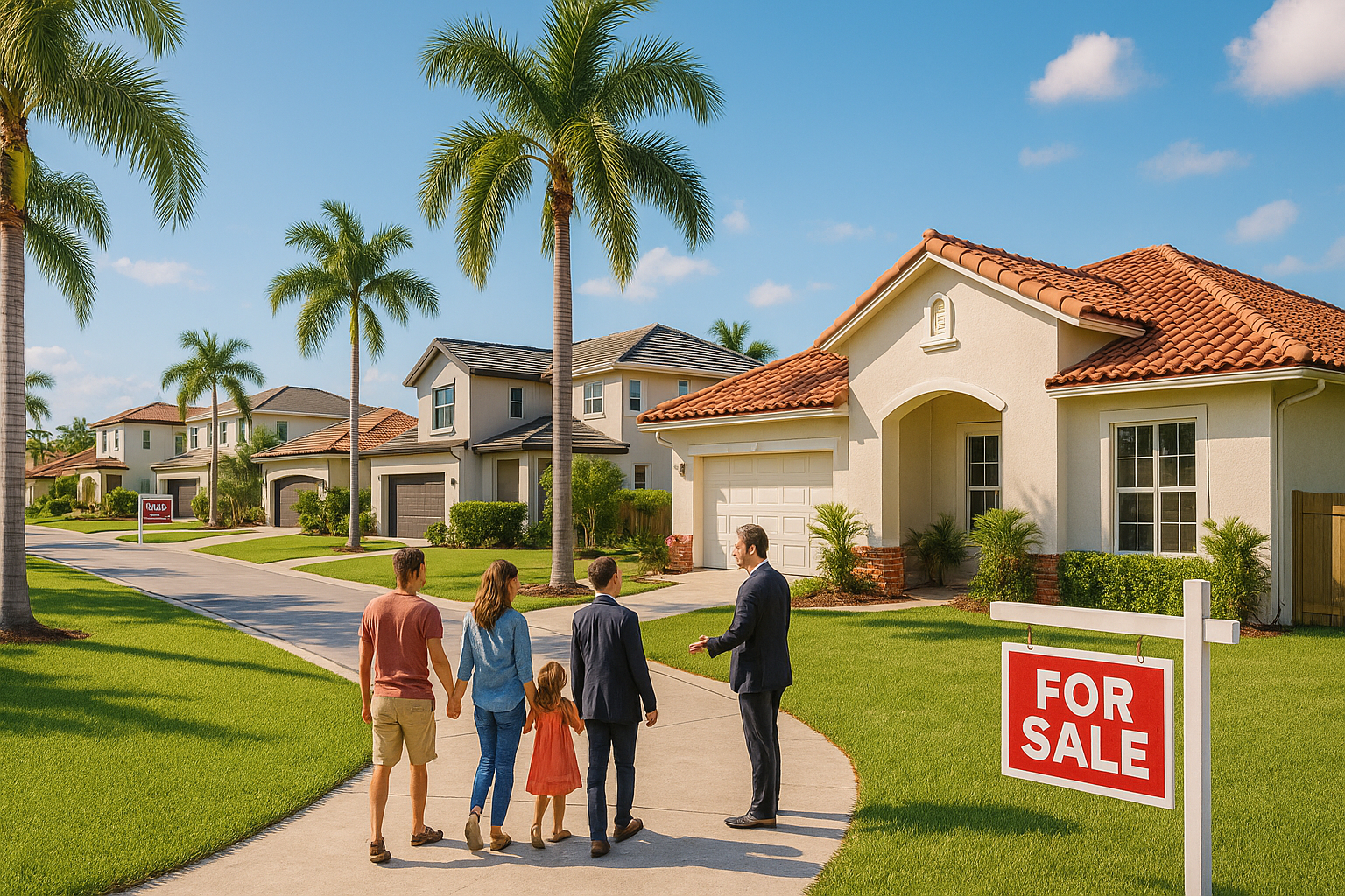 A real estate agent shows a suburban Miami home with a “For Sale” sign to a young family on a sunny day, surrounded by palm trees and well-kept lawns—representing the 2025 Miami housing market