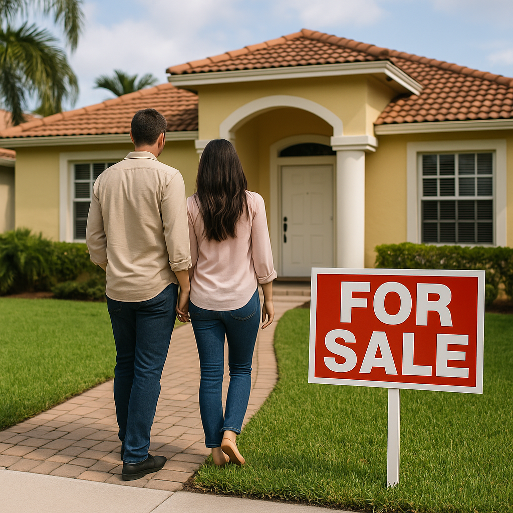 A couple walks hand-in-hand toward a yellow Miami-style home with a red "For Sale" sign in the front yard, symbolizing first-time homebuyers exploring real estate opportunities in Miami.