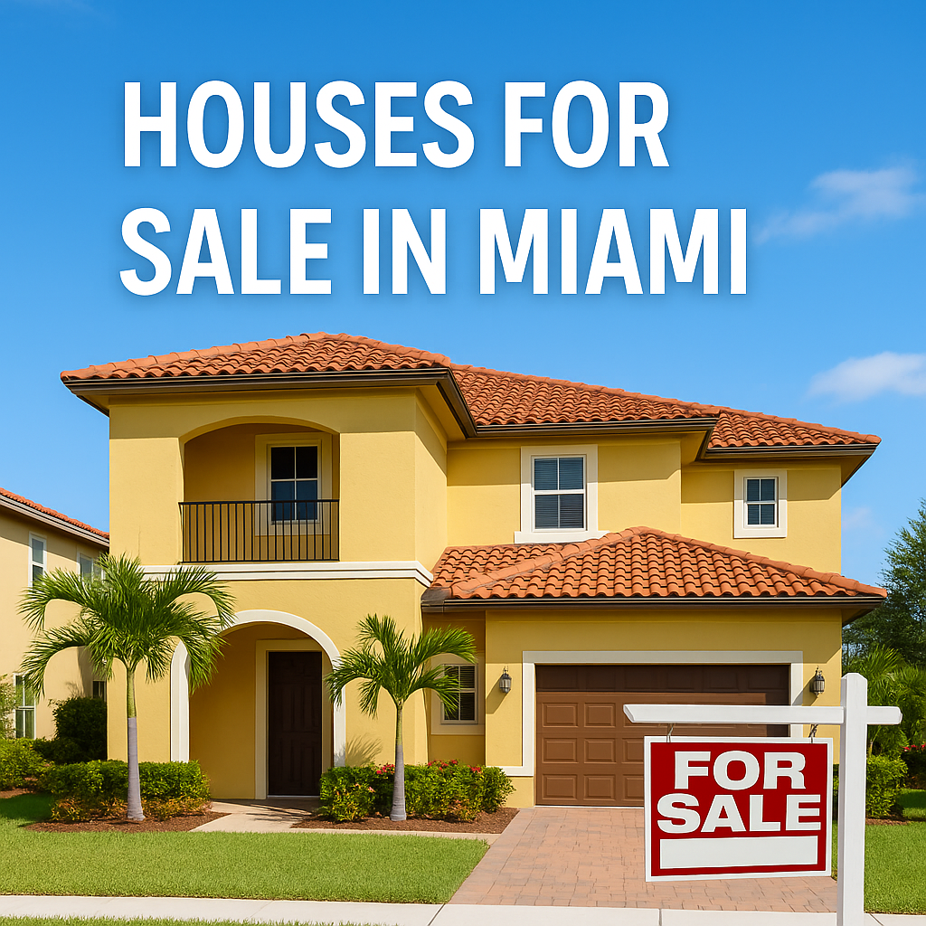 A two-story Mediterranean-style home for sale in Miami with a red tile roof, yellow stucco exterior, palm trees, and a visible “For Sale” sign—ideal for buyers searching for homes in Miami’s top neighborhoods
