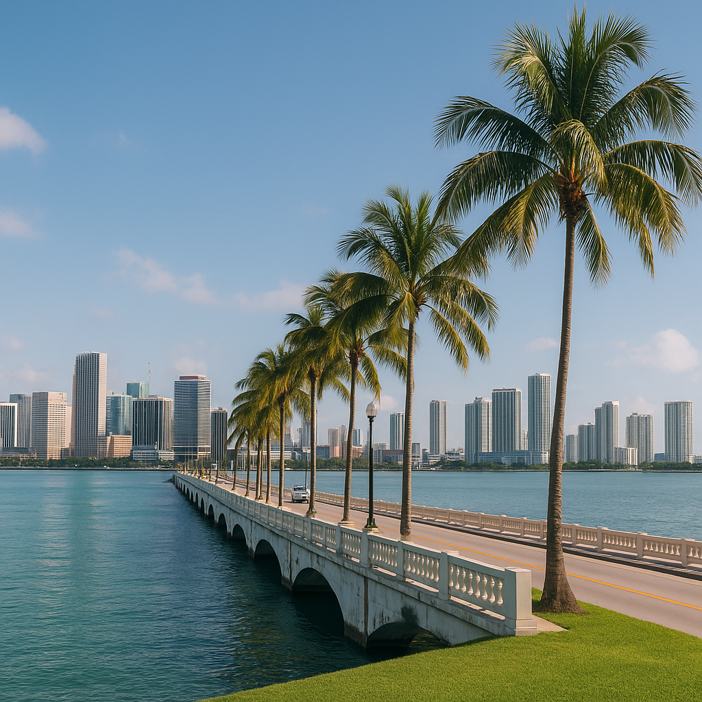 A scenic view of the Miami skyline from the Venetian Causeway, featuring palm-lined roads, modern high-rise buildings, and turquoise bay waters—highlighting the vibrant neighborhoods and real estate appeal of Miami.