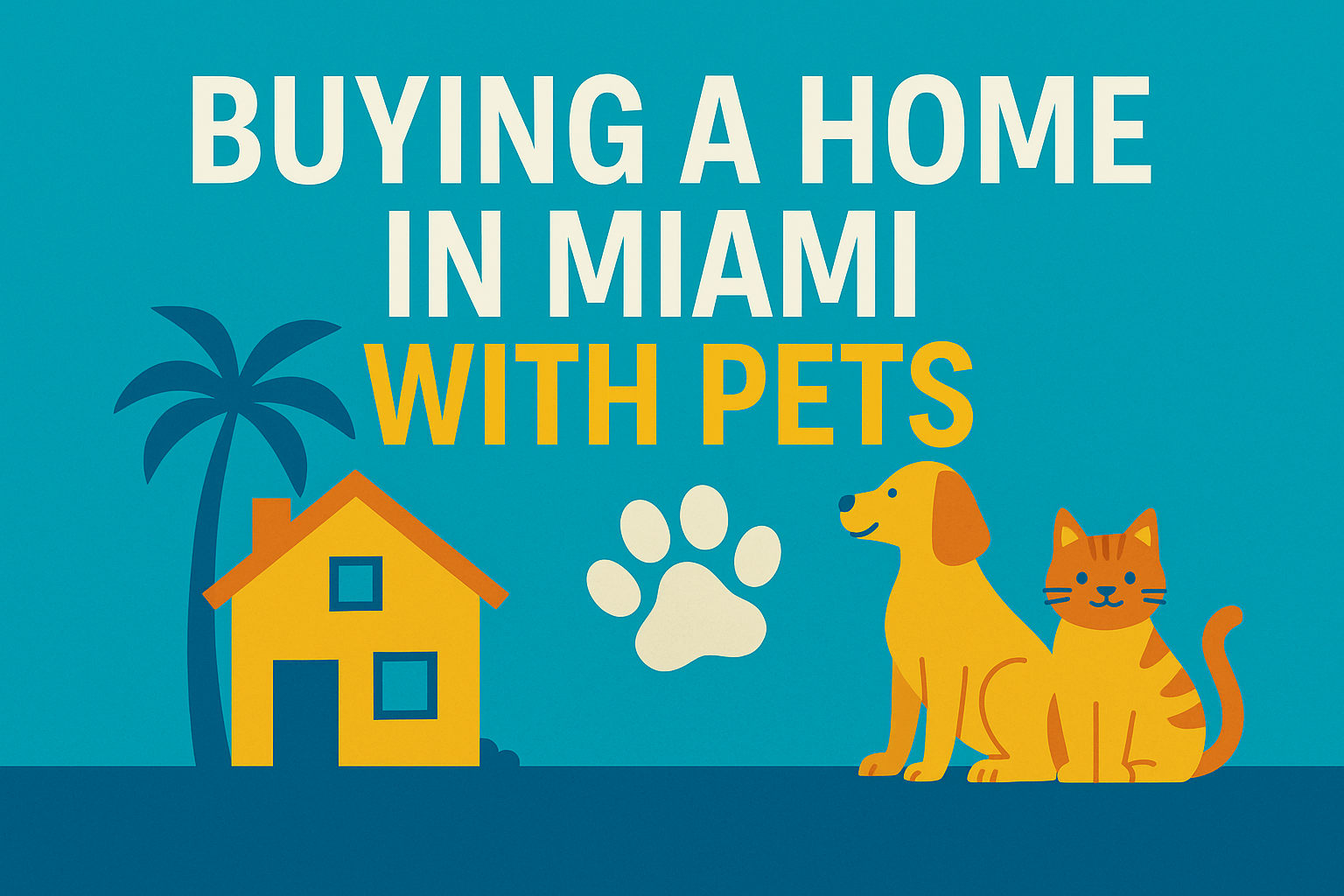 A colorful graphic design featuring the title “Buying a Home in Miami with Pets” in bold text, with illustrated icons of a house, dog, cat, and palm tree—highlighting pet-friendly real estate options in Miami.