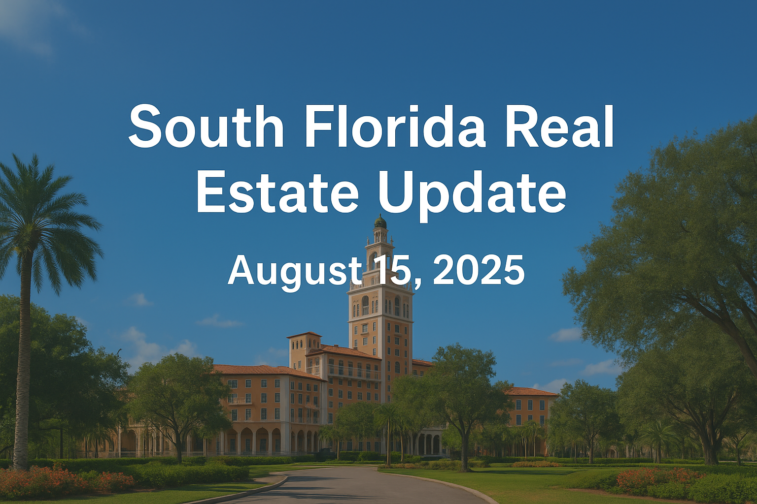 South Florida Real Estate Update – August 15, 2025, text over a scenic aerial view of Coral Gables, Florida, featuring Mediterranean-style architecture, lush greenery, and a clear blue sky