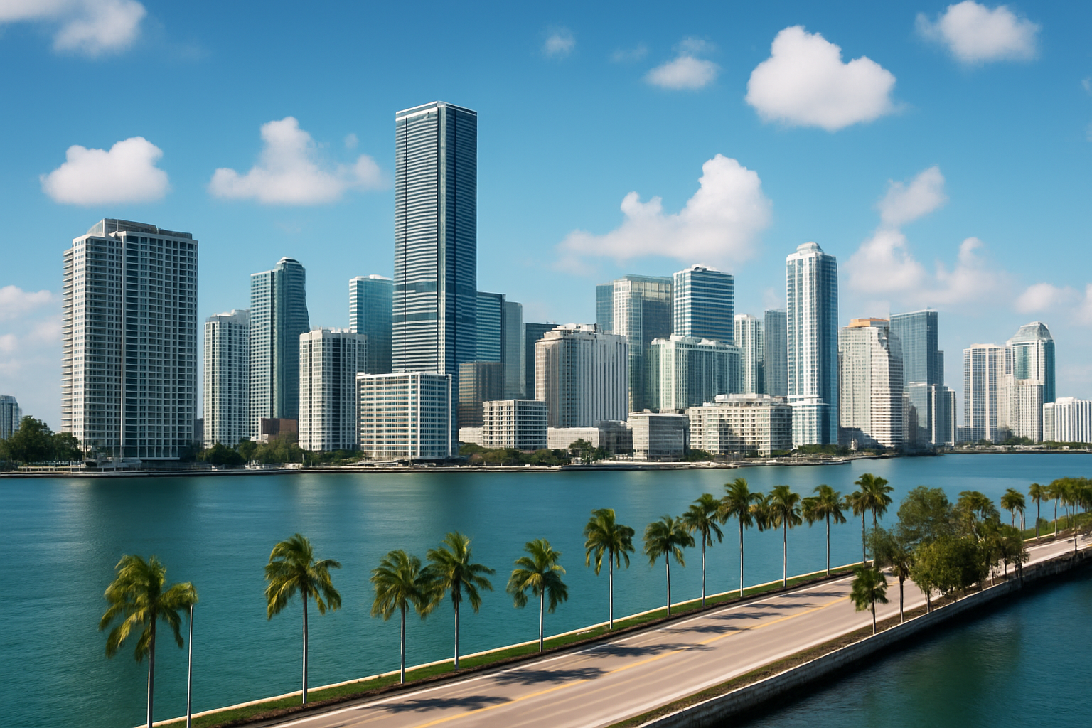 Panoramic view of downtown Miami with modern high-rise buildings, palm trees, and blue skies, representing the vibrant South Florida real estate market