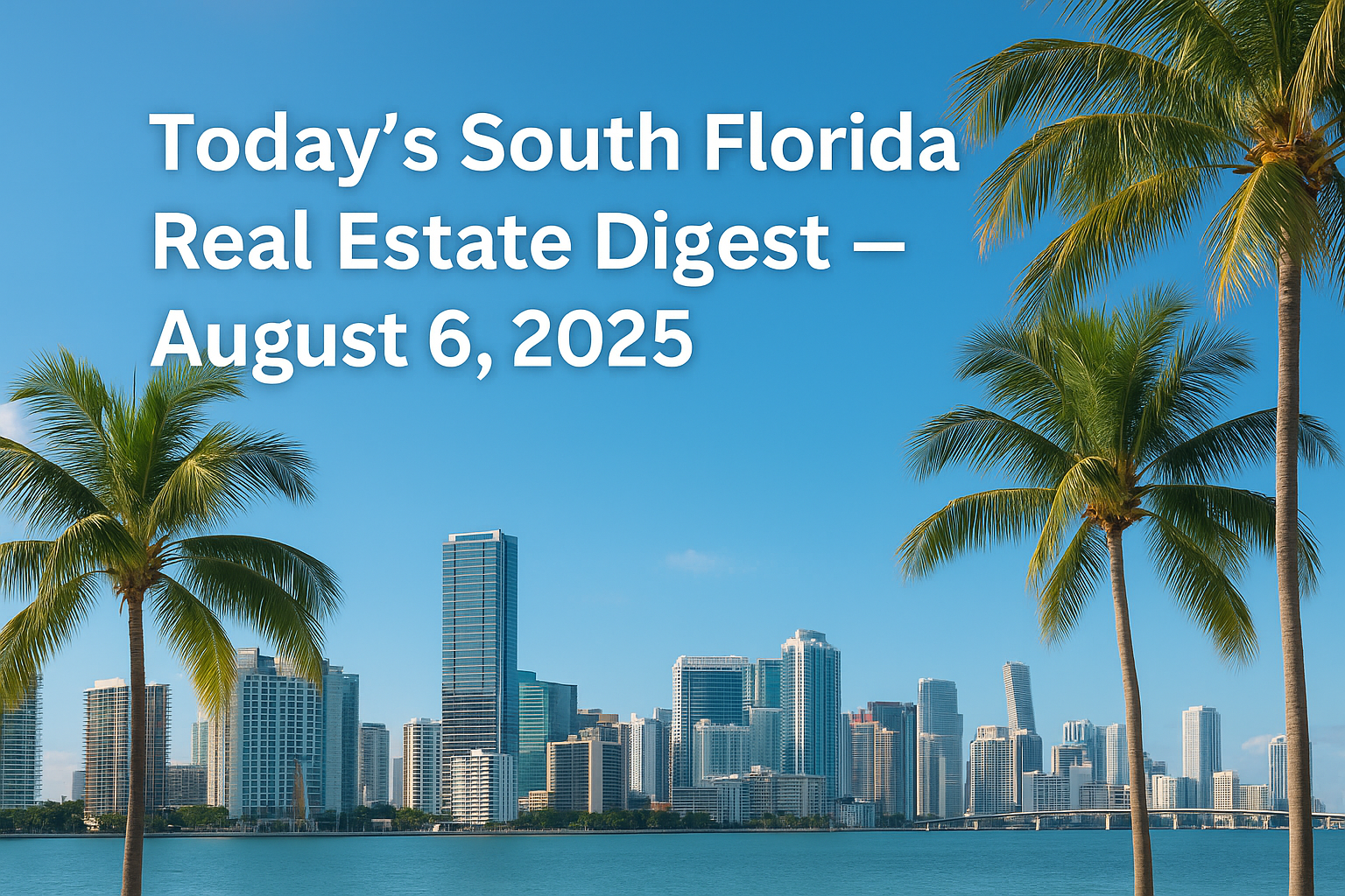 Miami skyline with palm trees under a clear blue sky, representing South Florida real estate digest – August 6, 2025