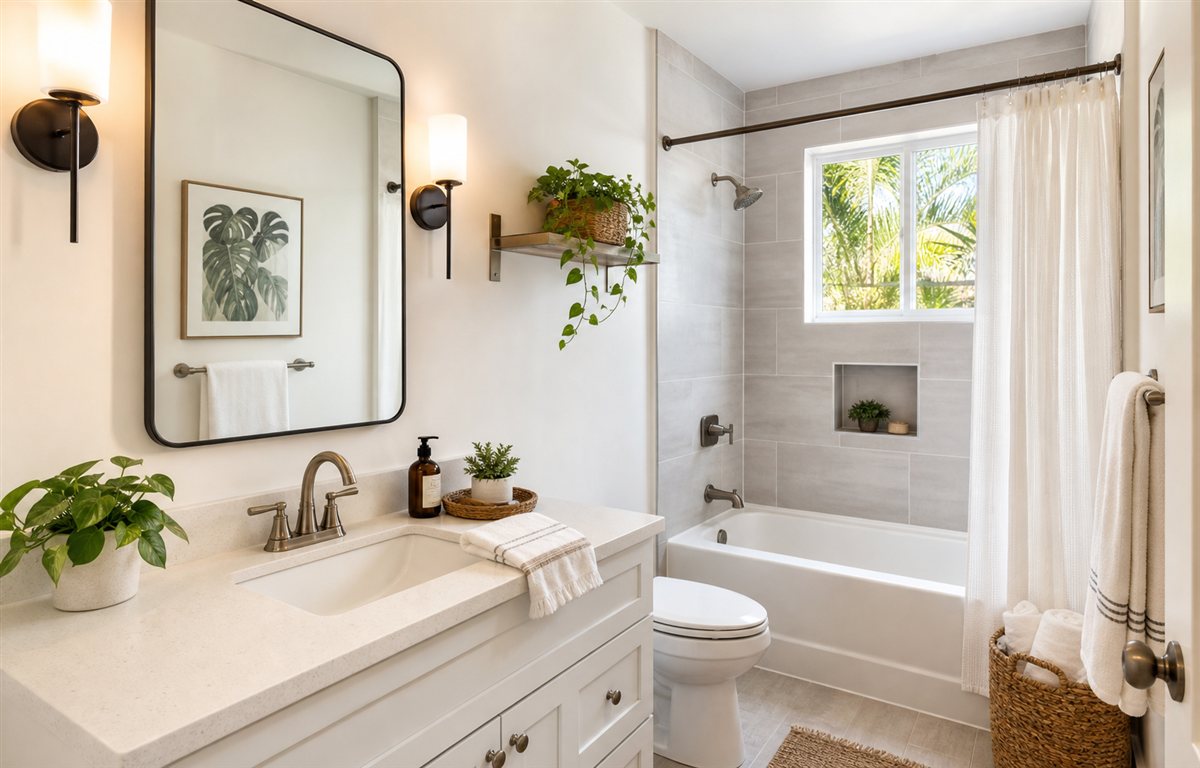 Bright refreshed bathroom with water-efficient fixtures and layered lighting for Miami homeowners improving South Florida home value.