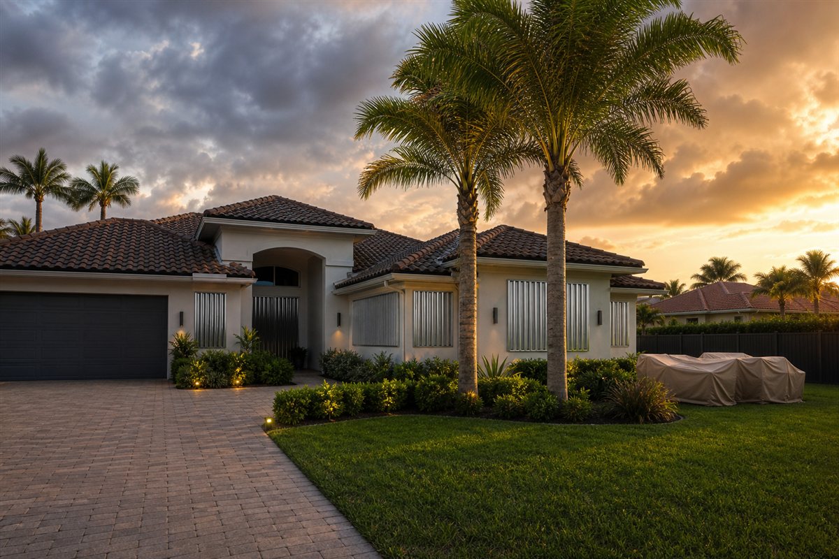 South Florida homeowners preparing a Miami single-family home with storm shutters, trimmed palms, and secured patio furniture before hurricane season to protect property value.