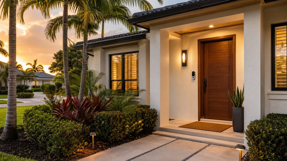 Welcoming Miami home entry with smart doorbell, warm exterior lighting, tropical landscaping, and simple home security upgrades for South Florida homeowners.