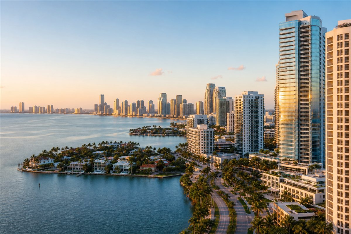 Golden-hour view of Miami and South Florida waterfront real estate with luxury condo towers, Biscayne Bay, palm-lined streets, and coastal residential neighborhoods.