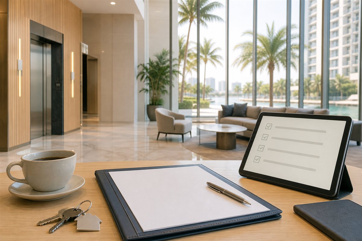 Modern Miami condo lobby with keys, blank contract folder, and buyer approval checklist for South Florida condo and HOA purchases.