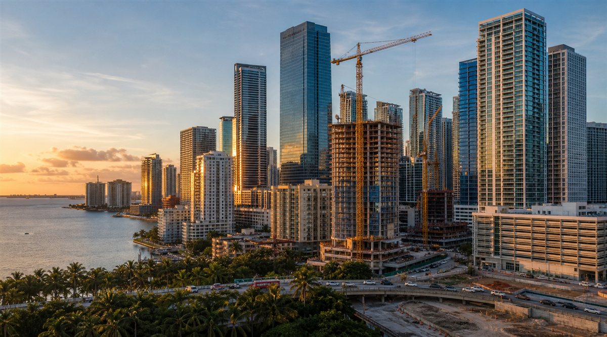 Golden-hour Miami Brickell skyline with condo and office towers, construction cranes, Biscayne Bay and highway construction showing South Florida real estate growth and commute impacts.