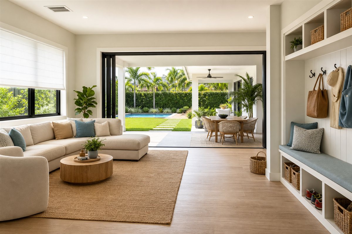 Bright family-friendly Miami home interior with organized storage, cordless window shades, durable flooring, and a South Florida patio view for safer everyday living and improved home value.