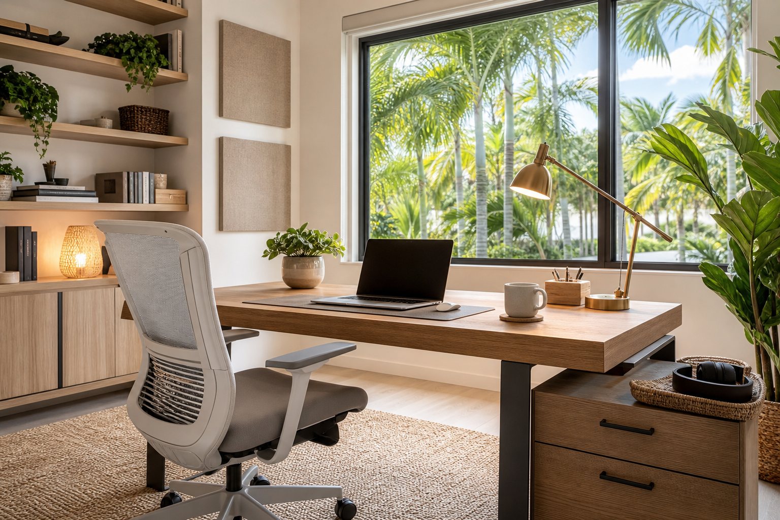 Stylish Miami home office with ergonomic desk, natural light, organized storage, and South Florida home improvement ideas for remote work comfort and home value.