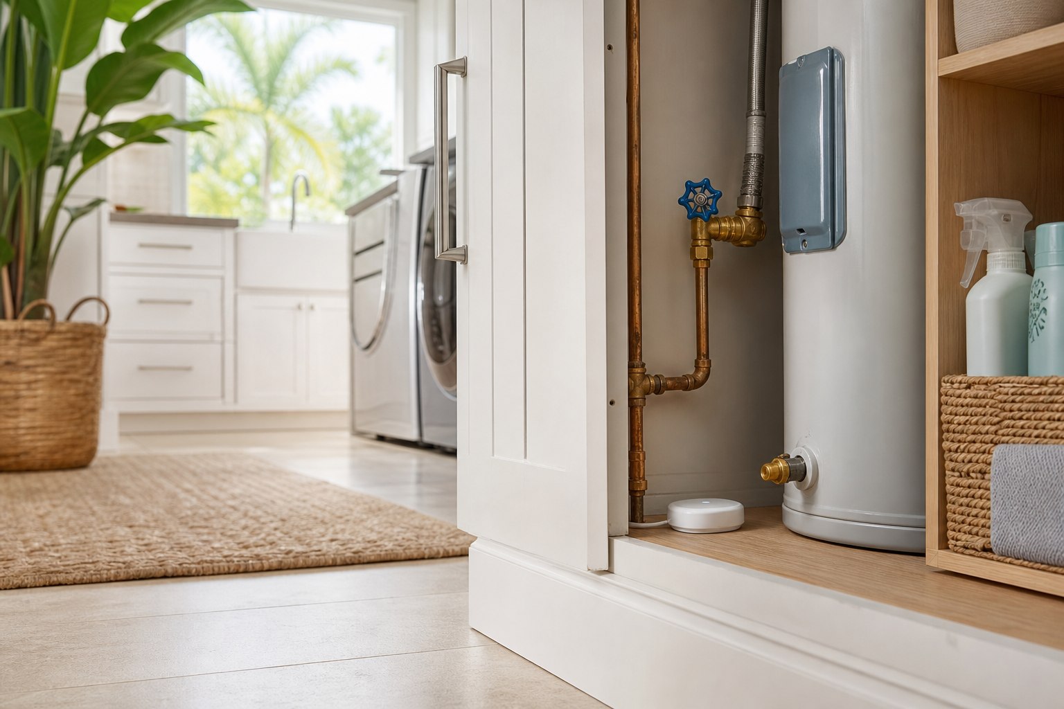 Smart water leak sensor near a water heater and shutoff valve in a clean South Florida home utility space for Miami homeowners focused on water damage prevention.
